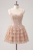 A-Line Pink Tiered Corset Sequins Homecoming Dress with Lace Up Back