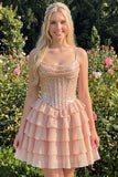 A-Line Pink Tiered Corset Sequins Homecoming Dress with Lace Up Back