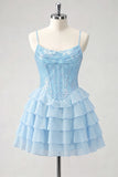 A-Line Pink Tiered Corset Sequins Homecoming Dress with Lace Up Back
