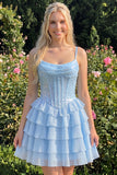 A-Line Pink Tiered Corset Sequins Homecoming Dress with Lace Up Back