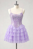 A-Line Pink Tiered Corset Sequins Homecoming Dress with Lace Up Back