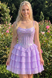 A-Line Pink Tiered Corset Sequins Homecoming Dress with Lace Up Back