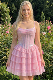 A-Line Pink Tiered Corset Sequins Homecoming Dress with Lace Up Back