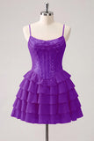A-Line Pink Tiered Corset Sequins Homecoming Dress with Lace Up Back