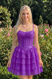 A-Line Pink Tiered Corset Sequins Homecoming Dress with Lace Up Back