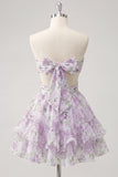 Sweetheart A-Line Pink Floral Ruched Tiered Ruffled Homecoming Dress with Bow