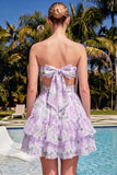 Sweetheart A-Line Pink Floral Ruched Tiered Ruffled Homecoming Dress with Bow
