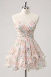 Sweetheart A-Line Pink Floral Ruched Tiered Ruffled Homecoming Dress with Bow
