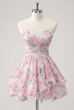 Sweetheart A-Line Pink Floral Ruched Tiered Ruffled Homecoming Dress with Bow