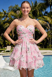 Sweetheart A-Line Pink Floral Ruched Tiered Ruffled Homecoming Dress with Bow
