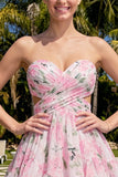 Sweetheart A-Line Pink Floral Ruched Tiered Ruffled Homecoming Dress with Bow