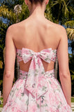 Sweetheart A-Line Pink Floral Ruched Tiered Ruffled Homecoming Dress with Bow