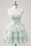 Sweetheart Tiered A-Line Pink Floral Corset Short Homecoming Dress