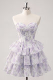 Sweetheart Tiered A-Line Pink Floral Corset Short Homecoming Dress