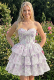 Sweetheart Tiered A-Line Pink Floral Corset Short Homecoming Dress