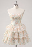 Sweetheart Tiered A-Line Pink Floral Corset Short Homecoming Dress