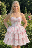 Sweetheart Tiered A-Line Pink Floral Corset Short Homecoming Dress