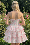 Sweetheart Tiered A-Line Pink Floral Corset Short Homecoming Dress