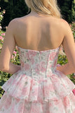 Sweetheart Tiered A-Line Pink Floral Corset Short Homecoming Dress