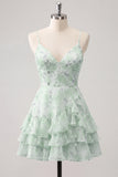 Pink Tiered A-Line Floral Spaghetti Straps Homecoming Dress with Ruffles