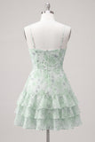 Pink Tiered A-Line Floral Spaghetti Straps Homecoming Dress with Ruffles
