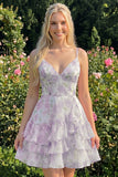 Pink Tiered A-Line Floral Spaghetti Straps Homecoming Dress with Ruffles