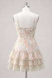 Pink Tiered A-Line Floral Spaghetti Straps Homecoming Dress with Ruffles