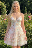 Pink Tiered A-Line Floral Spaghetti Straps Homecoming Dress with Ruffles
