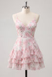 Pink Tiered A-Line Floral Spaghetti Straps Homecoming Dress with Ruffles