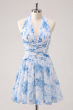 A-Line Light Blue Halter Neck Floral Ruched Homecoming Dress
