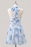 A-Line Light Blue Halter Neck Floral Ruched Homecoming Dress