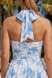 A-Line Light Blue Halter Neck Floral Ruched Homecoming Dress