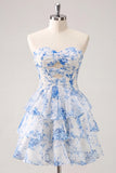 Light Blue Sweetheart Key Hole Tiered Floral Chiffon Homecoming Dress