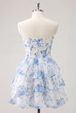 Light Blue Sweetheart Key Hole Tiered Floral Chiffon Homecoming Dress