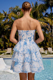 Light Blue Sweetheart Key Hole Tiered Floral Chiffon Homecoming Dress