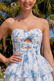 Light Blue Sweetheart Key Hole Tiered Floral Chiffon Homecoming Dress