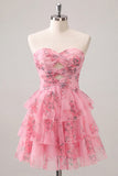 Light Blue Sweetheart Key Hole Tiered Floral Chiffon Homecoming Dress
