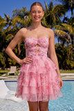Light Blue Sweetheart Key Hole Tiered Floral Chiffon Homecoming Dress