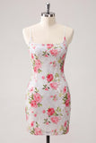 Sparkly White Bodycon Spaghetti Straps Floral Sequins Homecoming Dress with Lace Up Back