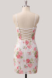 Sparkly White Bodycon Spaghetti Straps Floral Sequins Homecoming Dress with Lace Up Back
