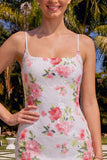 Sparkly White Bodycon Spaghetti Straps Floral Sequins Homecoming Dress with Lace Up Back