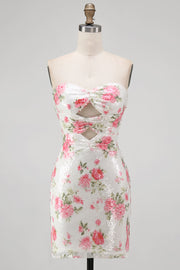 Sparkly Sweetheart White Key Hole Bodycon Floral Sequins Homecoming Dress with Lace Up Back