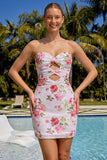 Sparkly Sweetheart White Key Hole Bodycon Floral Sequins Homecoming Dress with Lace Up Back