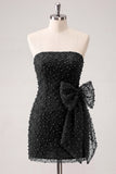 Navy Strapless Beaded Tight Lace Up Back Short Homecoming Dress with Bow