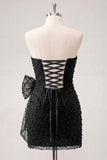 Navy Strapless Beaded Tight Lace Up Back Short Homecoming Dress with Bow