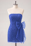 Navy Strapless Beaded Tight Lace Up Back Short Homecoming Dress with Bow