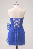 Navy Strapless Beaded Tight Lace Up Back Short Homecoming Dress with Bow