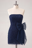 Navy Bodycon Pearl Beaded Strapless Mini Homecoming Dress with Bow