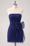 Navy Strapless Beaded Tight Lace Up Back Short Homecoming Dress with Bow