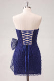 Navy Strapless Beaded Tight Lace Up Back Short Homecoming Dress with Bow